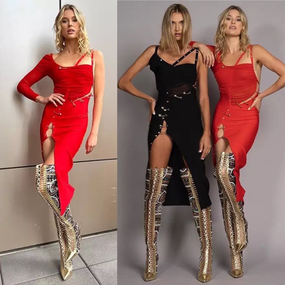 Scarlet One Shoulder Sheer Bandage Dress (Red)